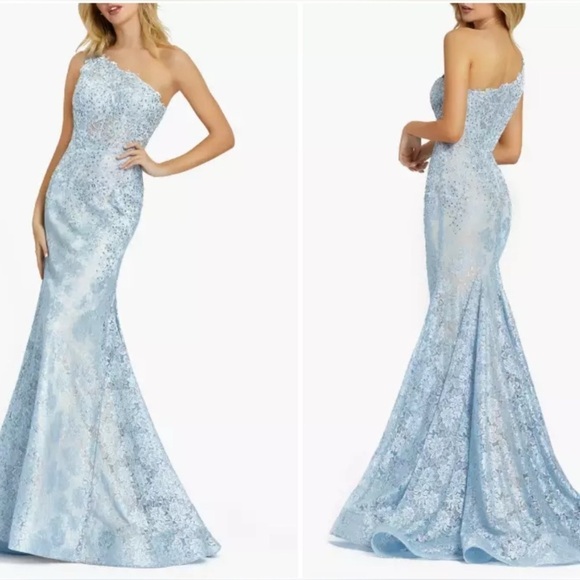 MAC DUGGAL 48910 EMBELLISHED ONE SHOULDER LACE MERMAID POWDER BLUE GOWN  sz 8 - Picture 3 of 7
